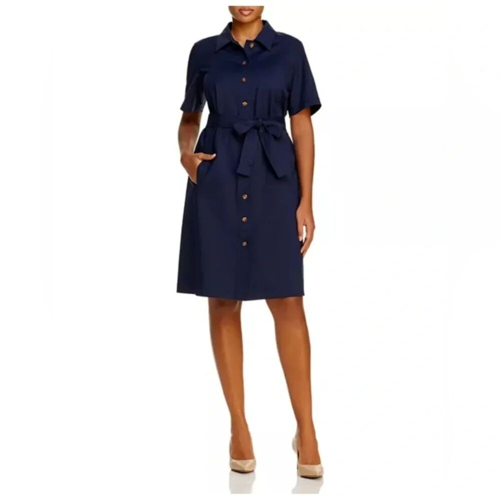 NWT Lafayette 148 New York Short-Sleeve Navy Shirt Dress Size 14 Classic Style